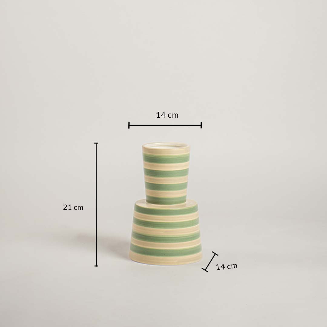 Dimension image of a green striped ceramic vase showing height 21 cm and width 14 cm  clearly displayed against a soft white background.