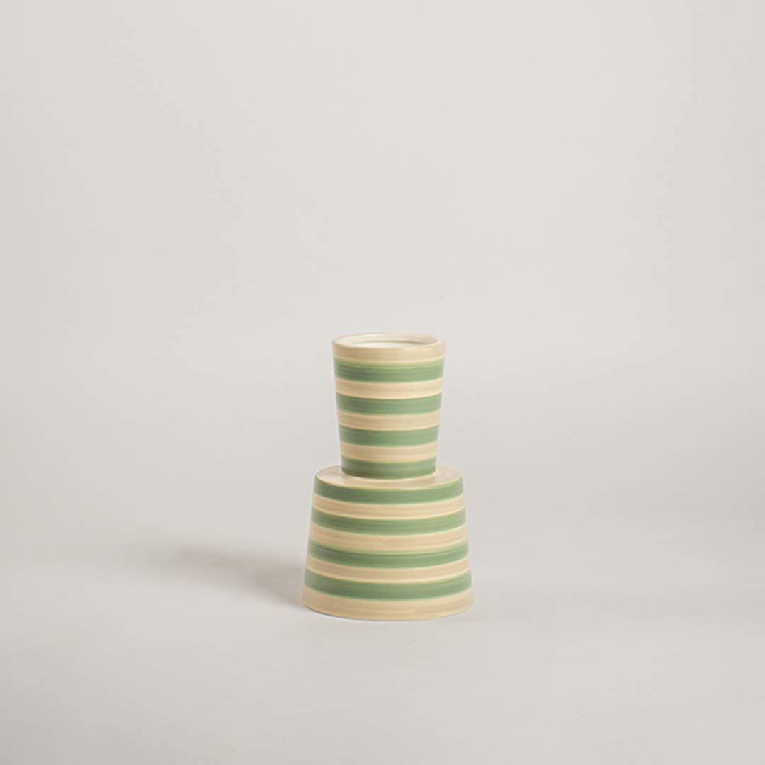 Noak Striped Ceramic Vase - Light Green & White