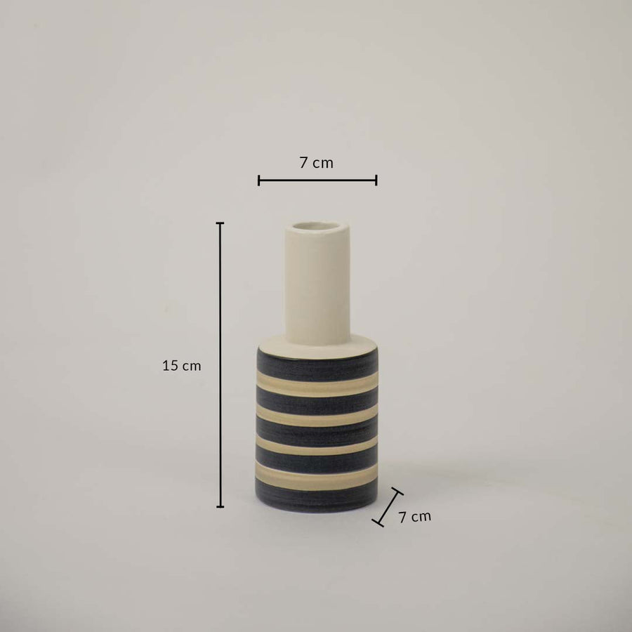Striped ceramic vase with dimensions labeled 15 cm height and 7 cm width perfect size for tabletop styling or as a decorative accent.