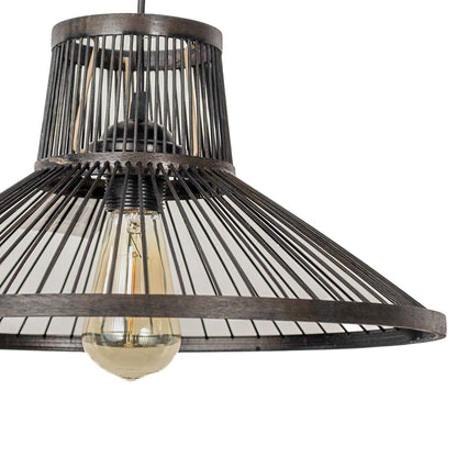 Closeup of cone-shaped black wire pendant light showcasing fine detailing and artistic open-frame craftsmanship.