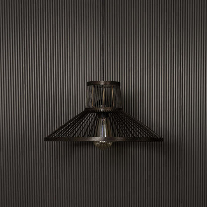 Black wire pendant light on dark background highlighting its geometric cone shape and matte metal finish.