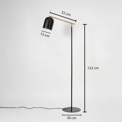 Black and gold floor lamp with 152 cm height 52 cm arm length and 30 cm base shown with labeled measurements.