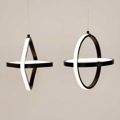 Black and white geometric LED pendant lights shown together for stylish living room dining room and modern home decor.