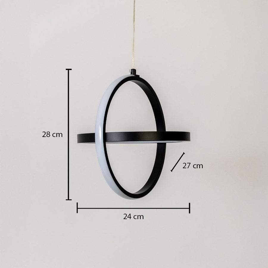 Black metal ring pendant light dimension image with 24 cm width and 28 cm height for modern dining placement.