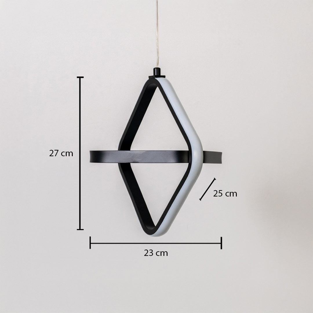Black and white geometric LED pendant light measuring 27 cm height and 23 cm width shown on white background for decor.