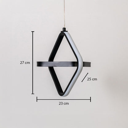 Black and white geometric LED pendant light measuring 27 cm height and 23 cm width shown on white background for decor.