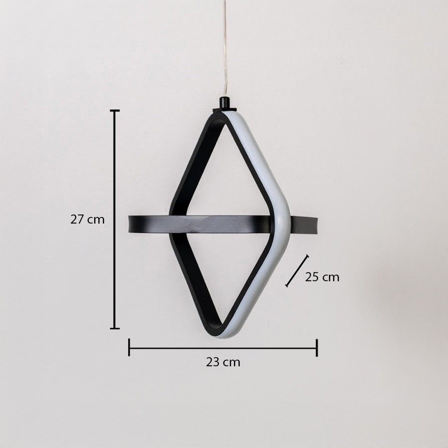 Black and white geometric LED pendant light measuring 27 cm height and 23 cm width shown on white background for decor.