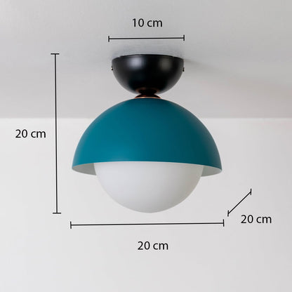 Ceiling light with dimensions showing 20 cm height and 20 cm width featuring a teal dome shade and white globe.