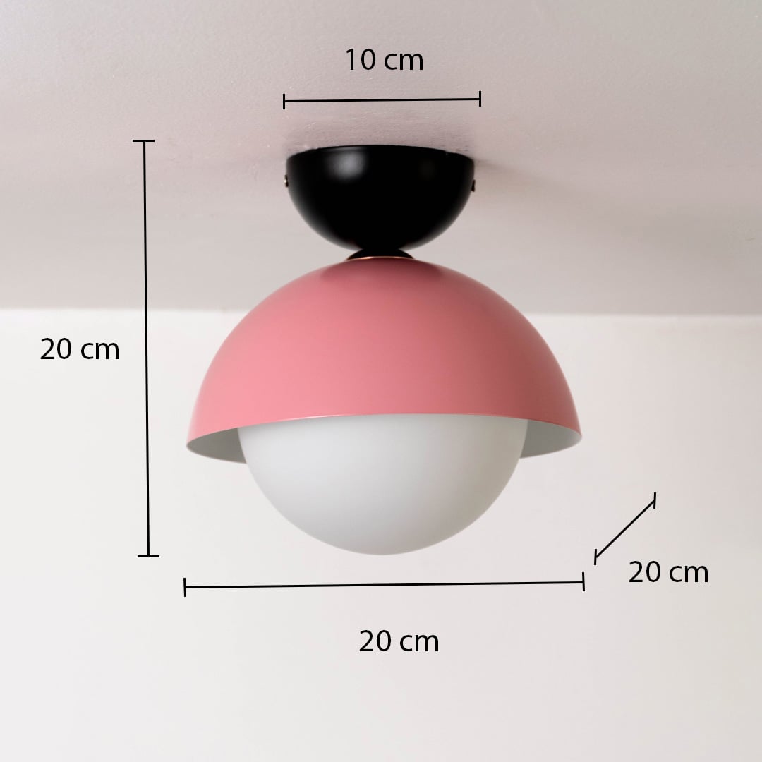 Ceiling light with dimensions showing 20 cm height and 20 cm width featuring a pink dome and white globe shape.
