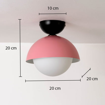 Ceiling light with dimensions showing 20 cm height and 20 cm width featuring a pink dome and white globe shape.