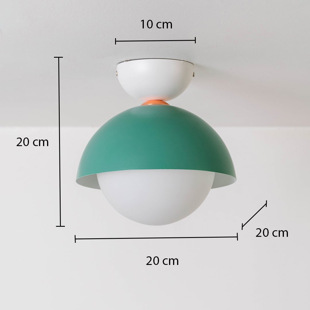 Ceiling light with dimensions showing 20 cm height and 20 cm width featuring a green dome and white globe shape.