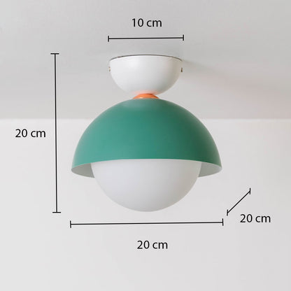 Ceiling light with dimensions showing 20 cm height and 20 cm width featuring a green dome and white globe shape.
