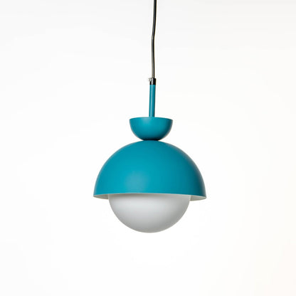 Blue metal pendant light with white diffuser crafted for vibrant contemporary living spaces.