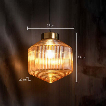 Ribbed amber glass pendant light with gold top displayed with height 35 cm and width 27 cm giving clear measurement reference.