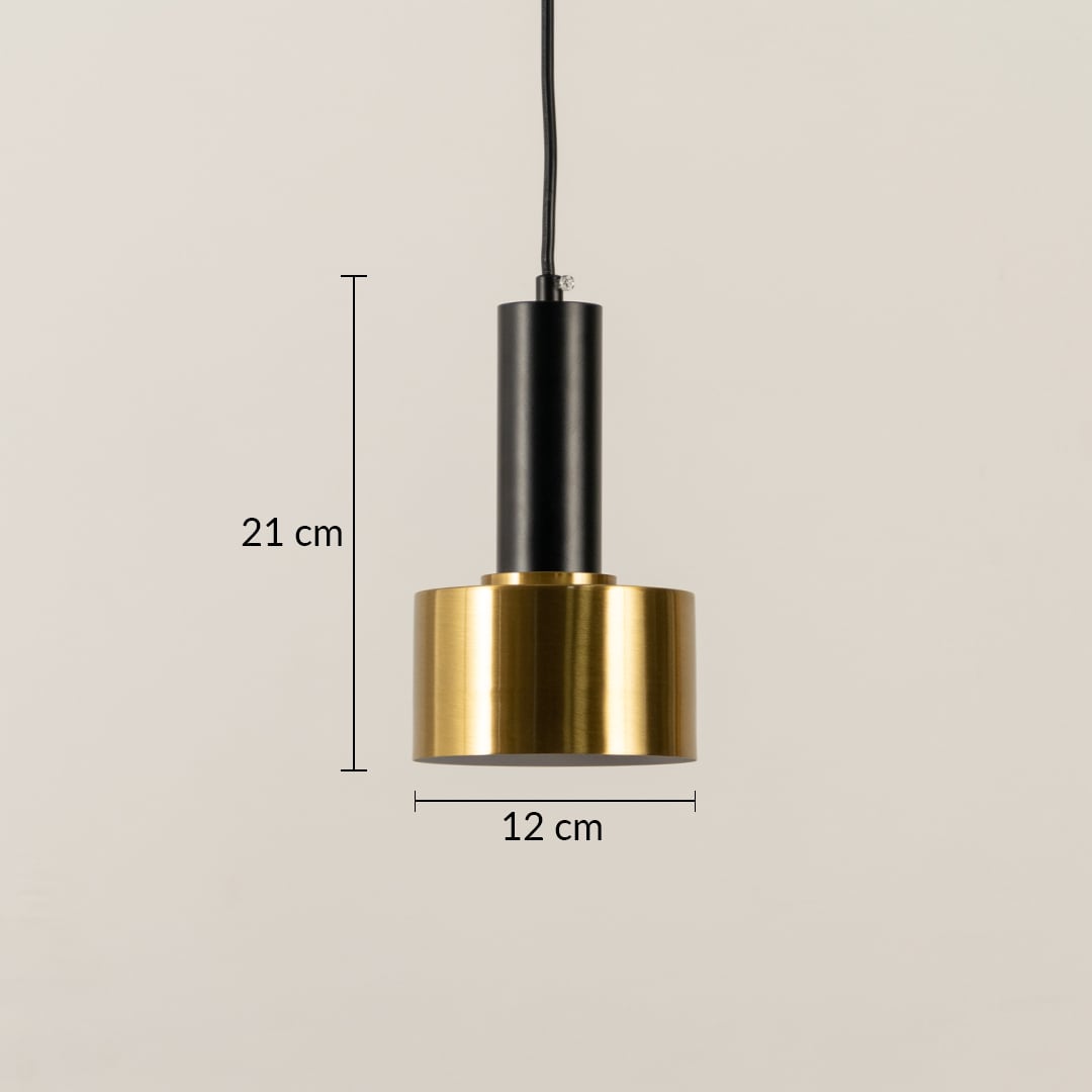 Gold and black metal pendant light shown with measurements of 21 cm height and 12 cm width providing clear size details for accurate placement.