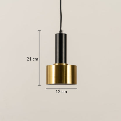 Gold and black metal pendant light shown with measurements of 21 cm height and 12 cm width providing clear size details for accurate placement.