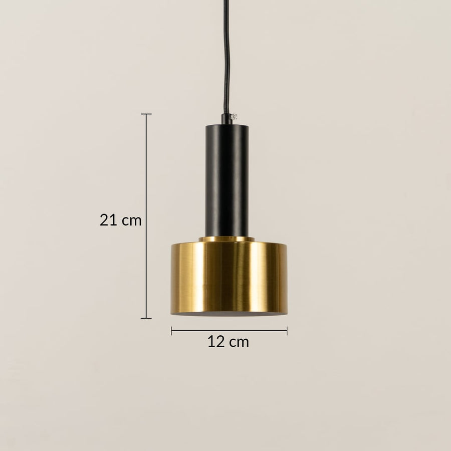 Gold and black metal pendant light shown with measurements of 21 cm height and 12 cm width providing clear size details for accurate placement.