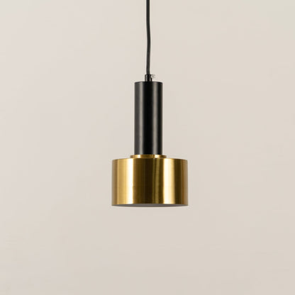 Gold and black metal pendant light with bulb switched off displayed on a white background showcasing its sleek compact form for home interiors.