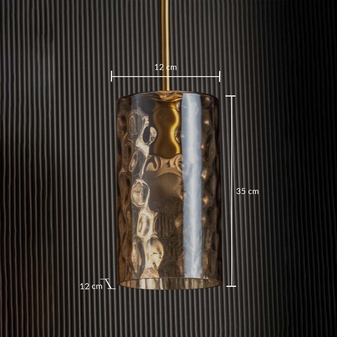 Textured amber glass pendant light with gold frame measuring 35 cm height and 12 cm width shown with exact dimensions for accurate size reference.