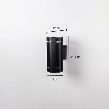 Black ribbed wall light dimension image showing 24.5 cm height  19 cm depth  and 11 cm diameter.