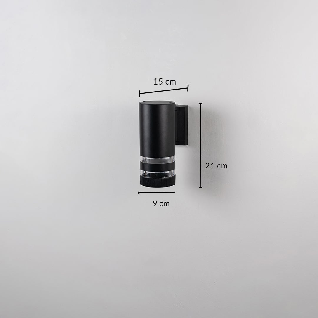 Black wall light dimension image showing 21 cm height  15 cm depth  and 9 cm diameter in sleek design.