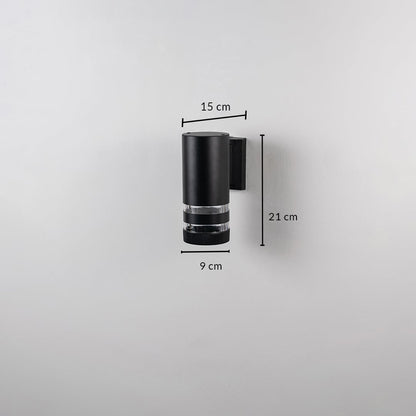 Black wall light dimension image showing 21 cm height  15 cm depth  and 9 cm diameter in sleek design.