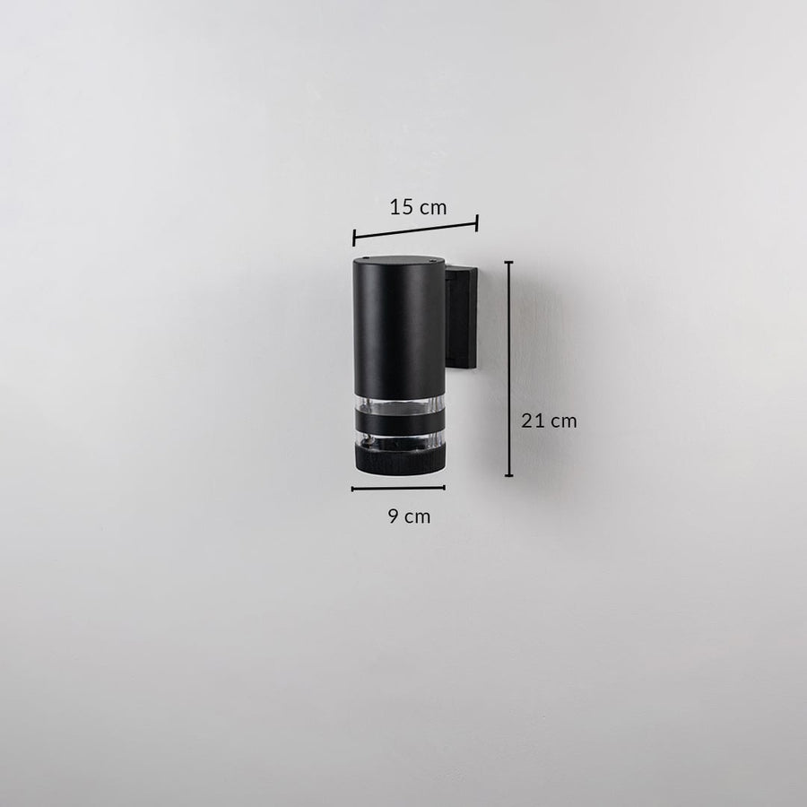 Black wall light dimension image showing 21 cm height  15 cm depth  and 9 cm diameter in sleek design.