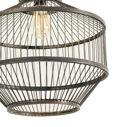 Closeup view of black wire pendant light showing fine detailing metal texture and exposed bulb for modern charm.