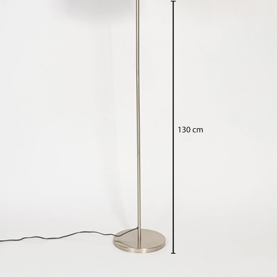 Slim floor lamp with metal stand 130 cm long and neutral shade displayed on white background highlighting minimal design balanced proportions and modern lighting elegance.