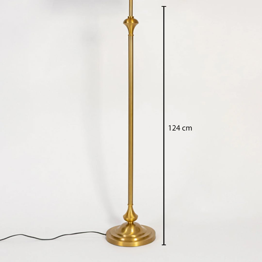 Tall metal floor lamp with gold finish and round base shown on white background featuring 124 cm height highlighting elegant proportions and modern lighting design.