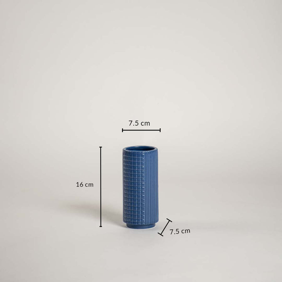 Blue ceramic textured vase with 16 cm height and 7.5 cm width shown clearly for accurate size reference and decor planning.