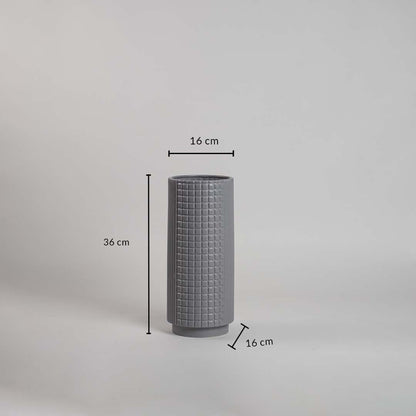 Grey ceramic vase with grid texture shown on a white background with 36 cm height and 16 cm diameter.
