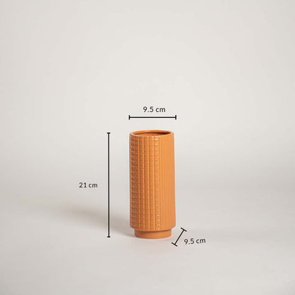 Terracotta ceramic vase with 21 cm height and 9.5 cm width shown clearly for accurate size reference and home decor planning.