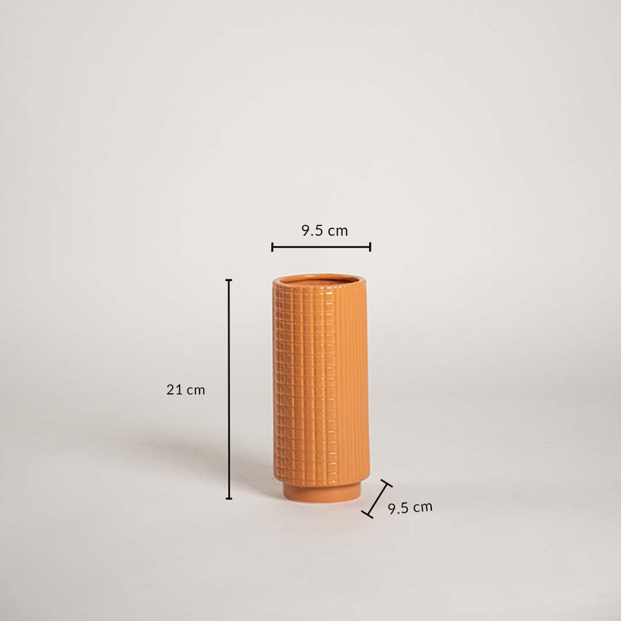 Terracotta ceramic vase with 21 cm height and 9.5 cm width shown clearly for accurate size reference and home decor planning.