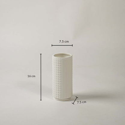 White ceramic textured vase with 16 cm height and 7.5 cm width shown for accurate size reference.