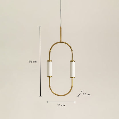 Modern oval brass pendant light with white cylinder shades measuring 56cm height 23cm width and 11cm depth dimensions.