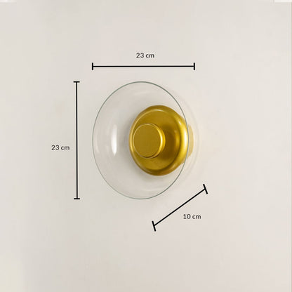 Gold wall light 23 cm round with glass shade shown with size details ideal for modern interior wall lighting decor.