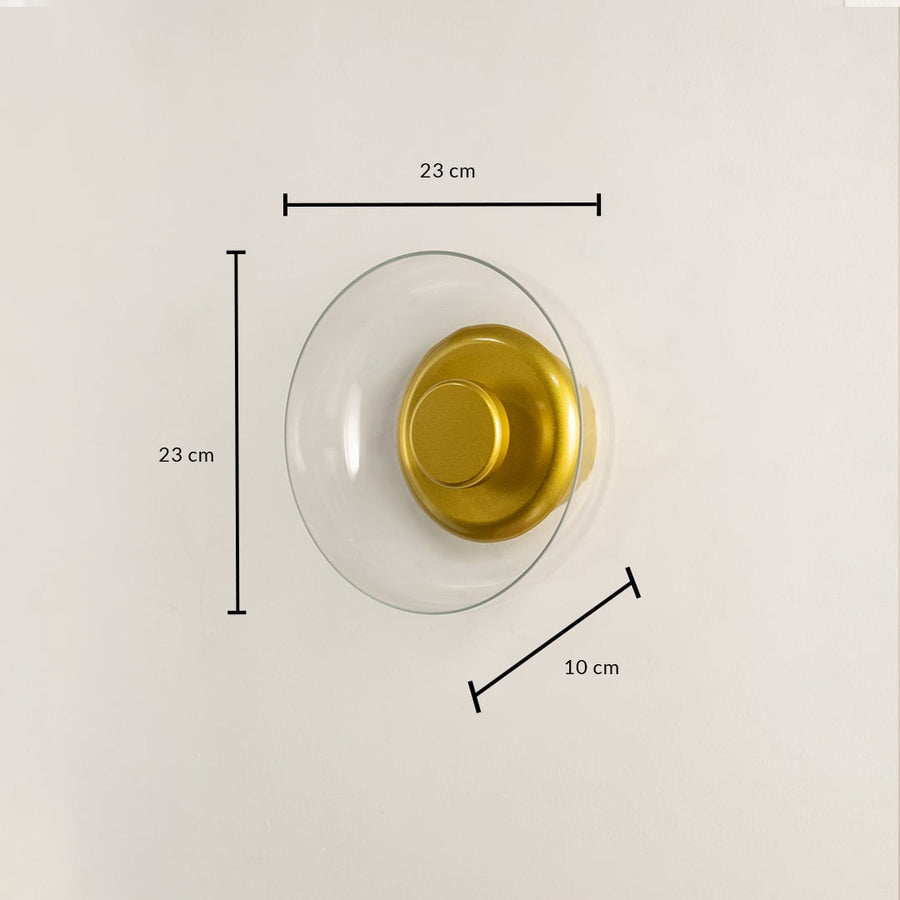 Gold wall light 23 cm round with glass shade shown with size details ideal for modern interior wall lighting decor.