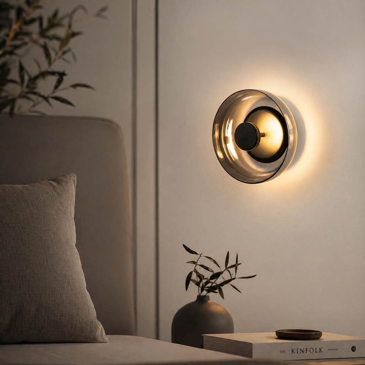Luxury gold wall light with warm ambient glow for modern bedroom bedside and elegant living room decor spaces.