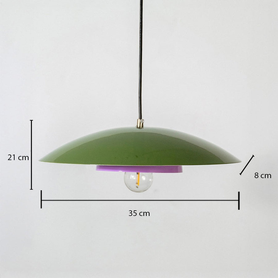 Green metal pendant light measuring 21 cm height and 35 cm width shown on white background for modern home decor.