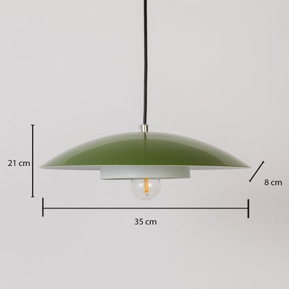 Green metal pendant light measuring 21 cm height and 35 cm width displayed on white background for modern home decor.