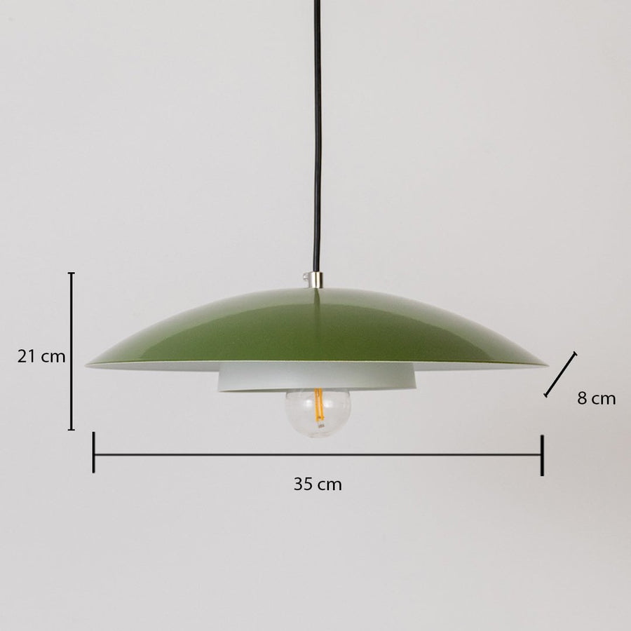 Green metal pendant light measuring 21 cm height and 35 cm width displayed on white background for modern home decor.
