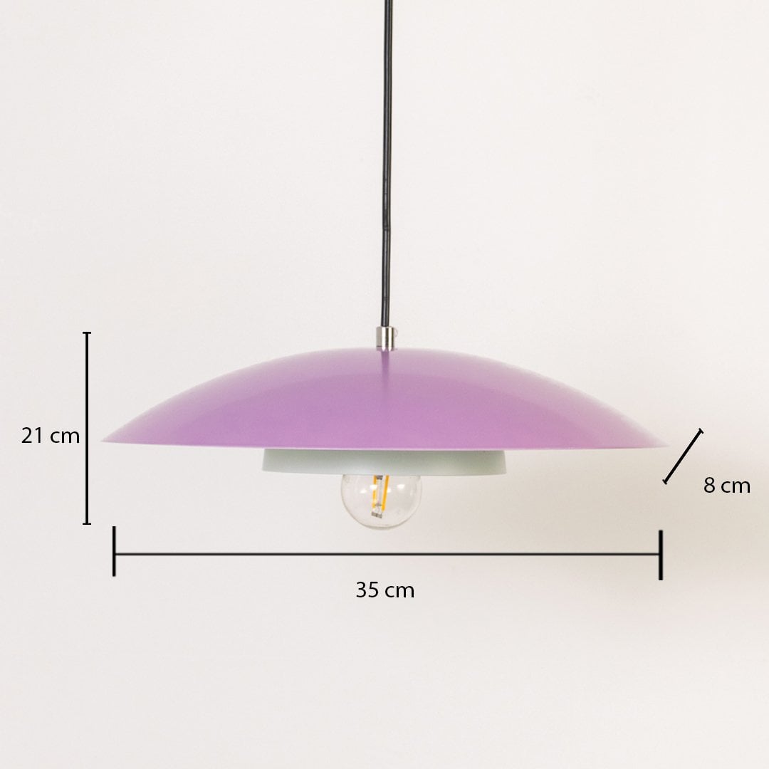 Lavender metal pendant light measuring 21 cm height and 35 cm width shown on white background for modern home decor.
