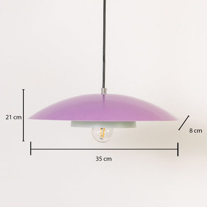 Lavender metal pendant light measuring 21 cm height and 35 cm width shown on white background for modern home decor.
