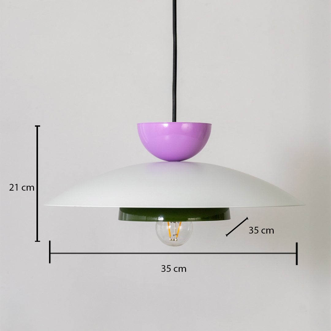 Multicolor metal pendant light measuring 21 cm height and 35 cm width shown on white background for modern home decor.