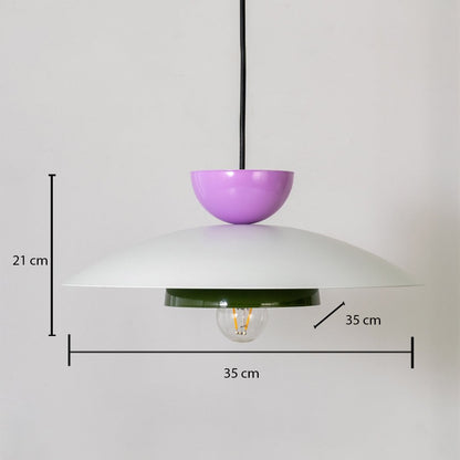 Multicolor metal pendant light measuring 21 cm height and 35 cm width shown on white background for modern home decor.