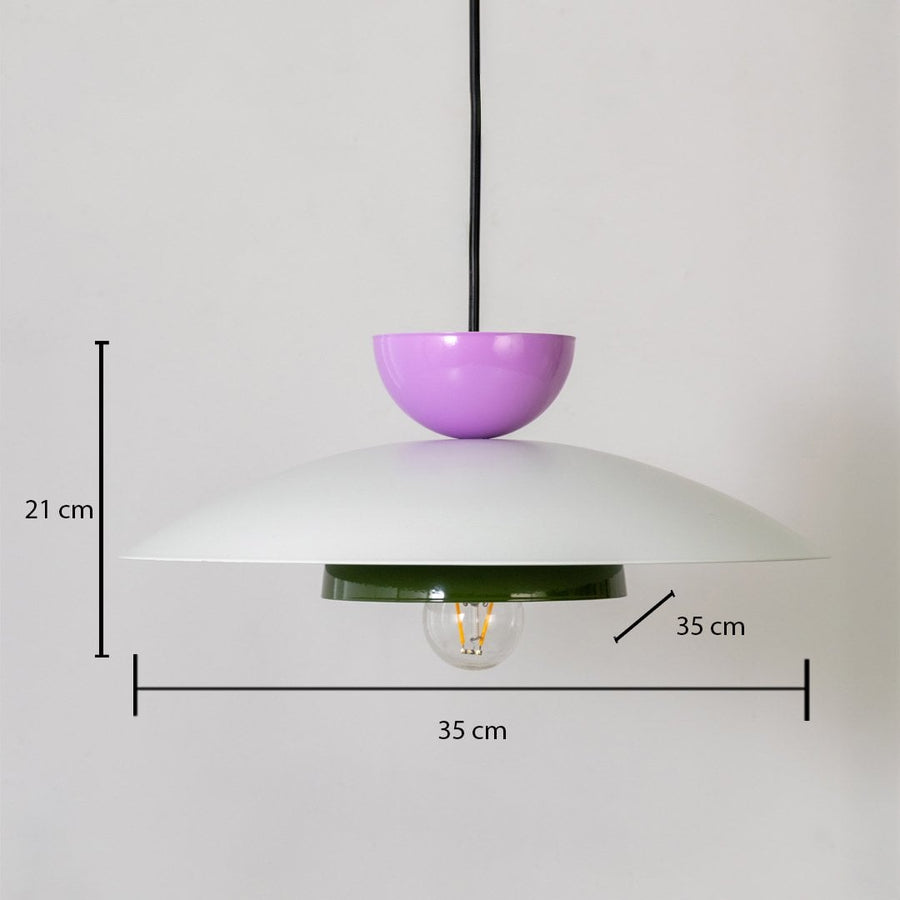 Multicolor metal pendant light measuring 21 cm height and 35 cm width shown on white background for modern home decor.
