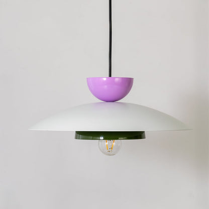 Multicolor metal pendant light with bulb off shown on white background for modern kitchen dining and home decor.