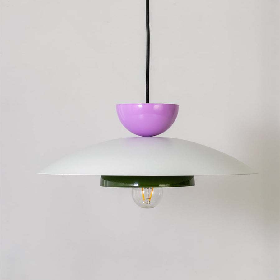 Multicolor metal pendant light with bulb off shown on white background for modern kitchen dining and home decor.