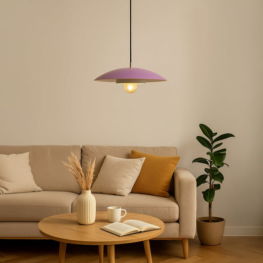 Lavender metal pendant light with soft white inner plate adding modern style to living room and dining room home decor.